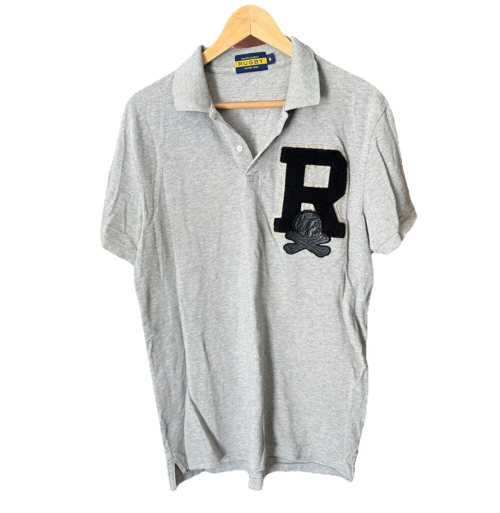 Vintage POLO RALPH LAUREN RUGBY 2004 Gray Grey Patch Short Sleeve Shirt Medium